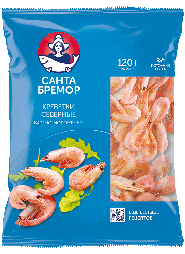 Санта Бремор Креветки “Северные” с головой в панцире варено-мороженые 120+ | 500г купить в интернет-магазине Санта&Кэш