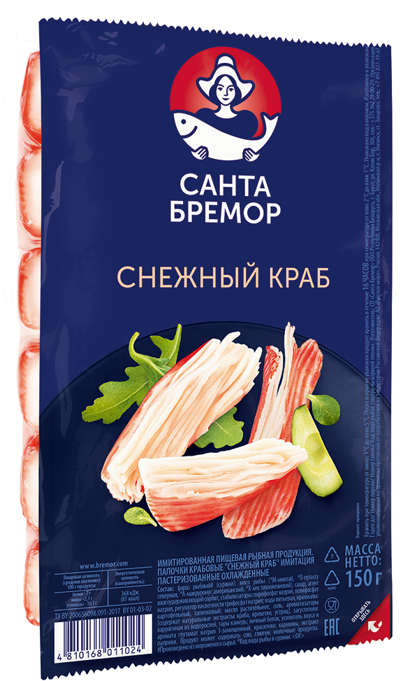 Санта Бремор Палочки крабовые Снежный краб охлажденные имитация 150г | 20шт купить в интернет-магазине Санта&Кэш