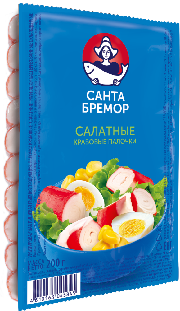 Санта Бремор Палочки крабовые «Салатные» замороженные имитация 200г | 30шт купить в интернет-магазине Санта&Кэш