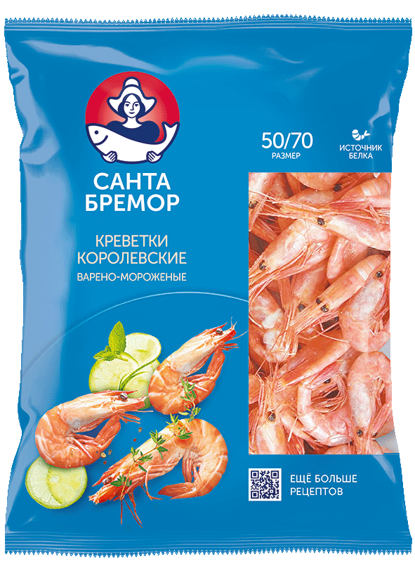 Санта Бремор Креветка белоногая ваннамей "Королевская" вареная мороженая  450г купить в интернет-магазине Санта&Кэш