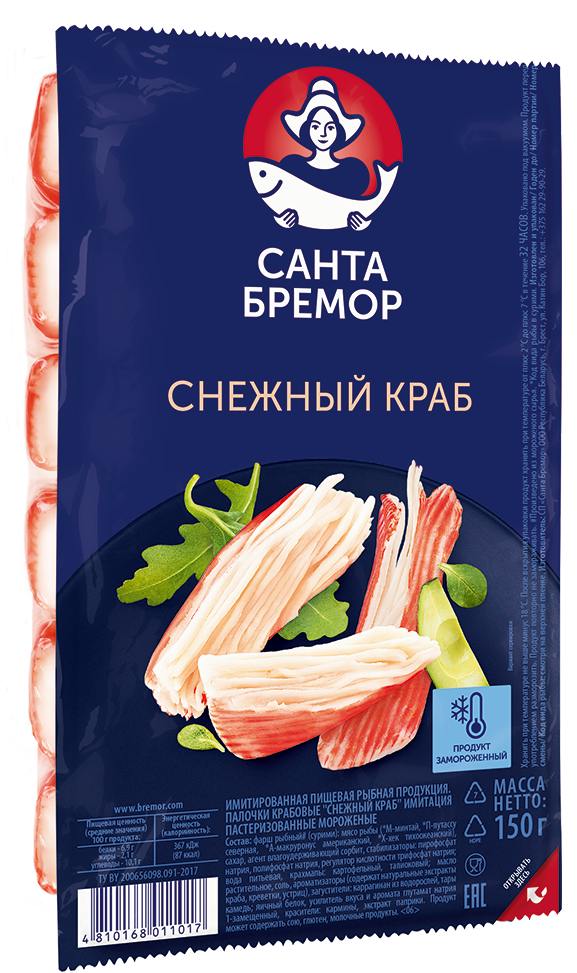 Санта Бремор Палочки крабовые "Снежный краб" замороженные имитация 150г | 30шт купить в интернет-магазине Санта&Кэш