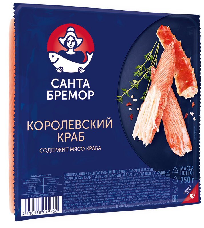 Санта Бремор Палочки крабовые Королевский краб имитация с мясом натурального краба охлажденные 250г | 13шт купить в интернет-магазине Санта&Кэш